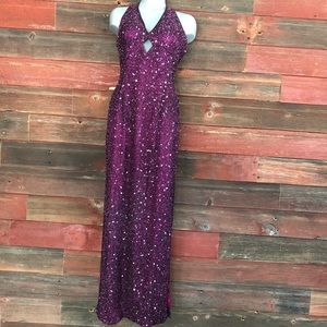 VTG Scala Purple Silk Beaded Evening Halter Gown
